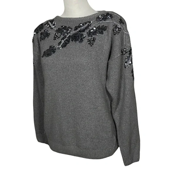 Vintage 80s 90s Sequins Beaded Grey Sweater. S/M. Silk Blend Retro Embellished - Picture 3 of 8